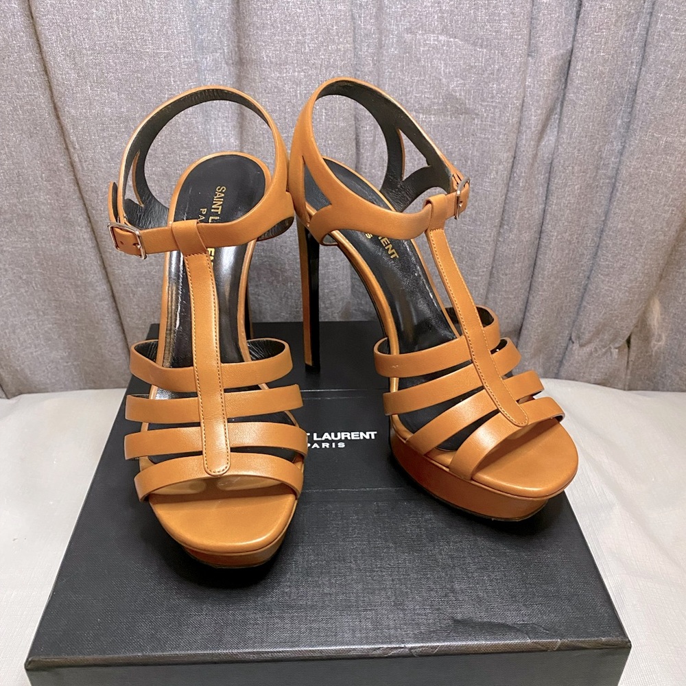 Saint Laurent caramel strappy platform heels